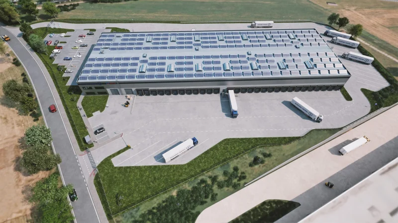 3D vizualizace logistického areálu Areté Zdice, ptačí pohled na halu se solárními panely