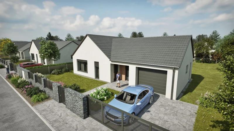 3D vizualizace rodinného domu Čakovičky, pohled z ulice s garáží