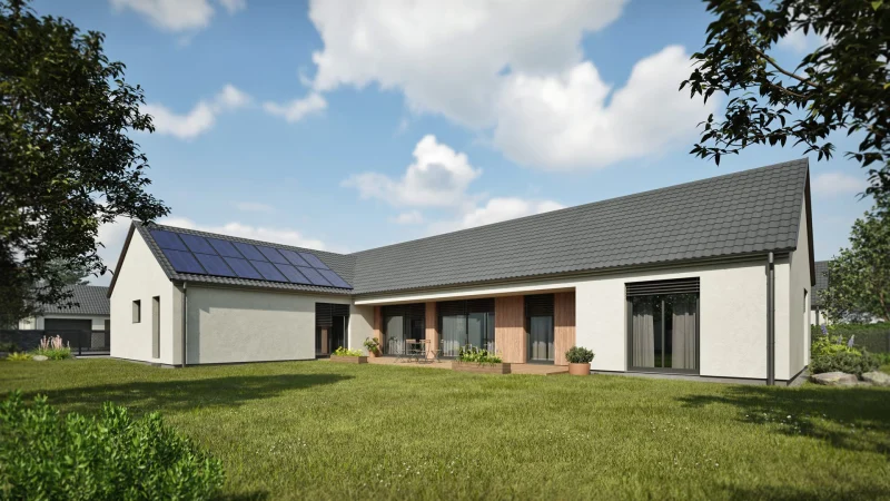 3D vizualizace rodinného domu Čakovičky, pohled ze zahrady