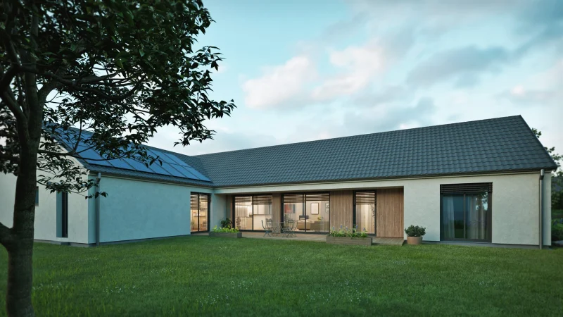 3D vizualizace rodinného domu Čakovičky, večerní pohled ze zahrady