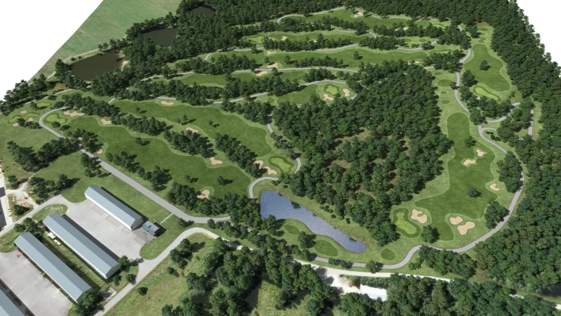 3D vizualizace golfového areálu Jeseník, ptačí pohled na hřiště