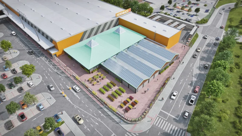 3D vizualizace hobbymarketu Hornbach, ptačí pohled na areál s parkovištěm
