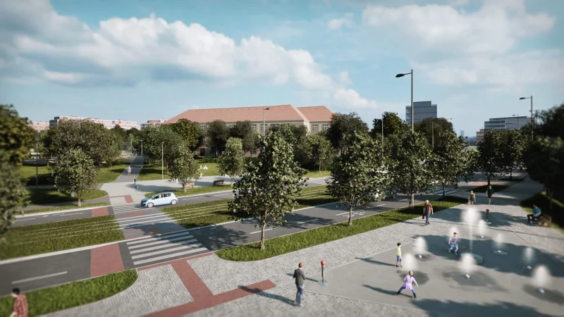 3D vizualizace Radlické radiály v Jinonicích, pěší prostranství s vodním prvkem