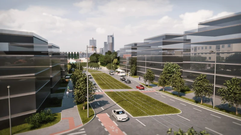 3D vizualizace Radlické radiály v Jinonicích, ulice podél administrativních budov