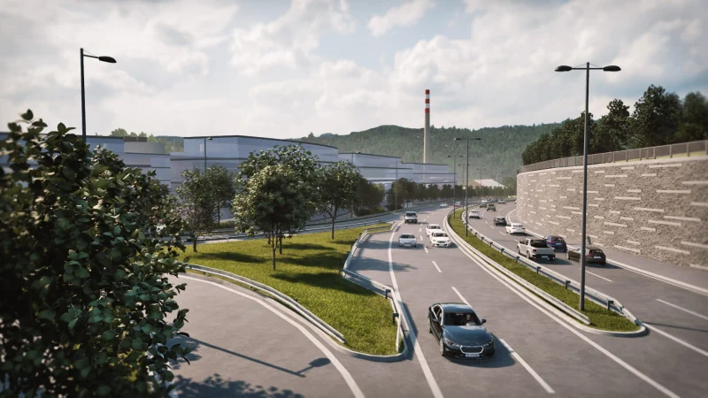 3D vizualizace Radlické radiály v Jinonicích, komunikace s protihlukovou stěnou