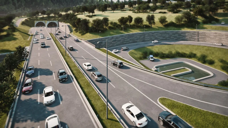 3D vizualizace Radlické radiály v Jinonicích, letecý pohled na tunelový portál