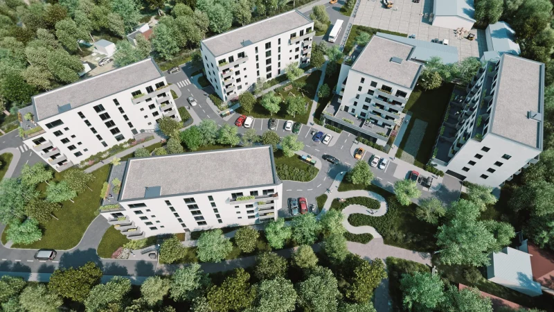 3D vizualizace bytových domů Kladno Lesík, ptačí pohled