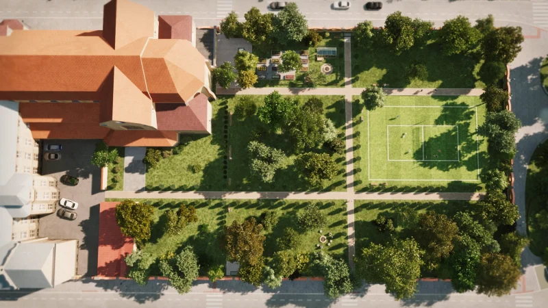3D vizualizace klášterní zahrady v Plzni, ptačí pohled na členění zahrady