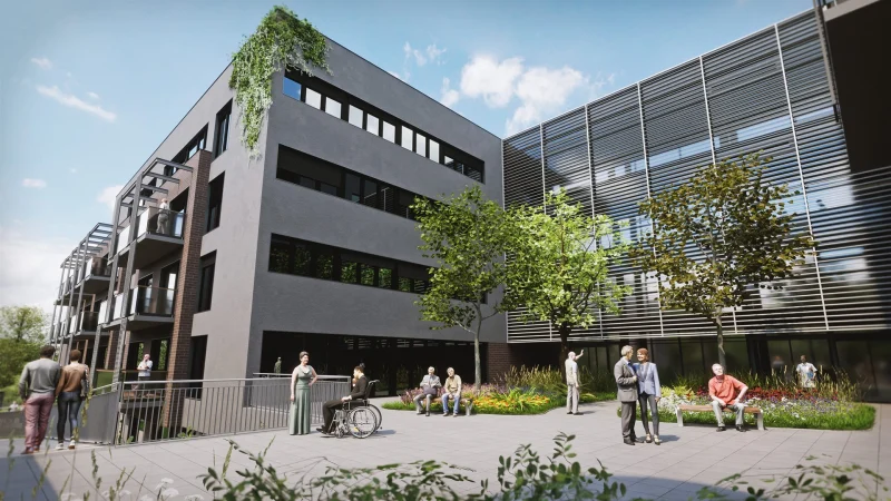 3D vizualizace domu s pečovatelskou službou Nový Domov, vstupní část