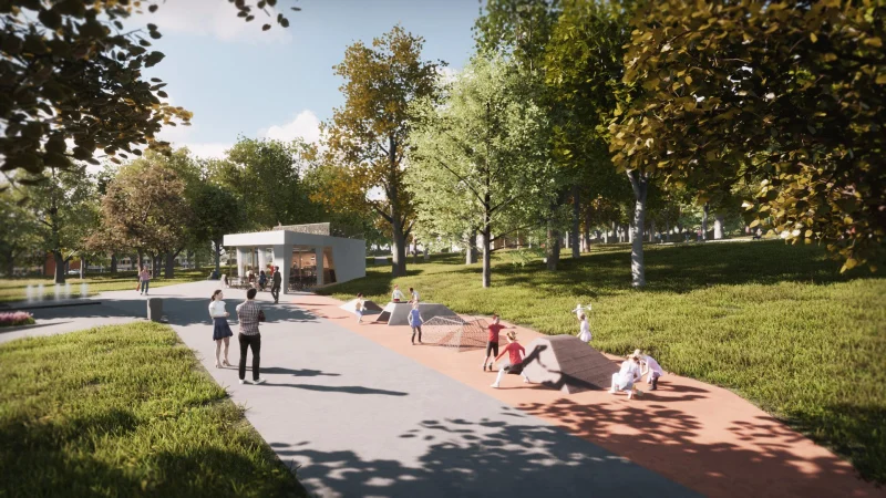 3D vizualizace parku v Mostě, cesta s pavílonem a herními prvky