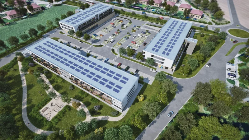 3D vizualizace bytových domů Přílepy, ptačí pohled se solárními panely