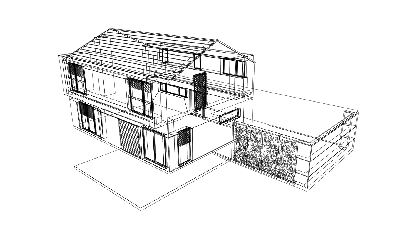 Drátěný model rodinného domu, první fáze tvorby 3D vizualizace