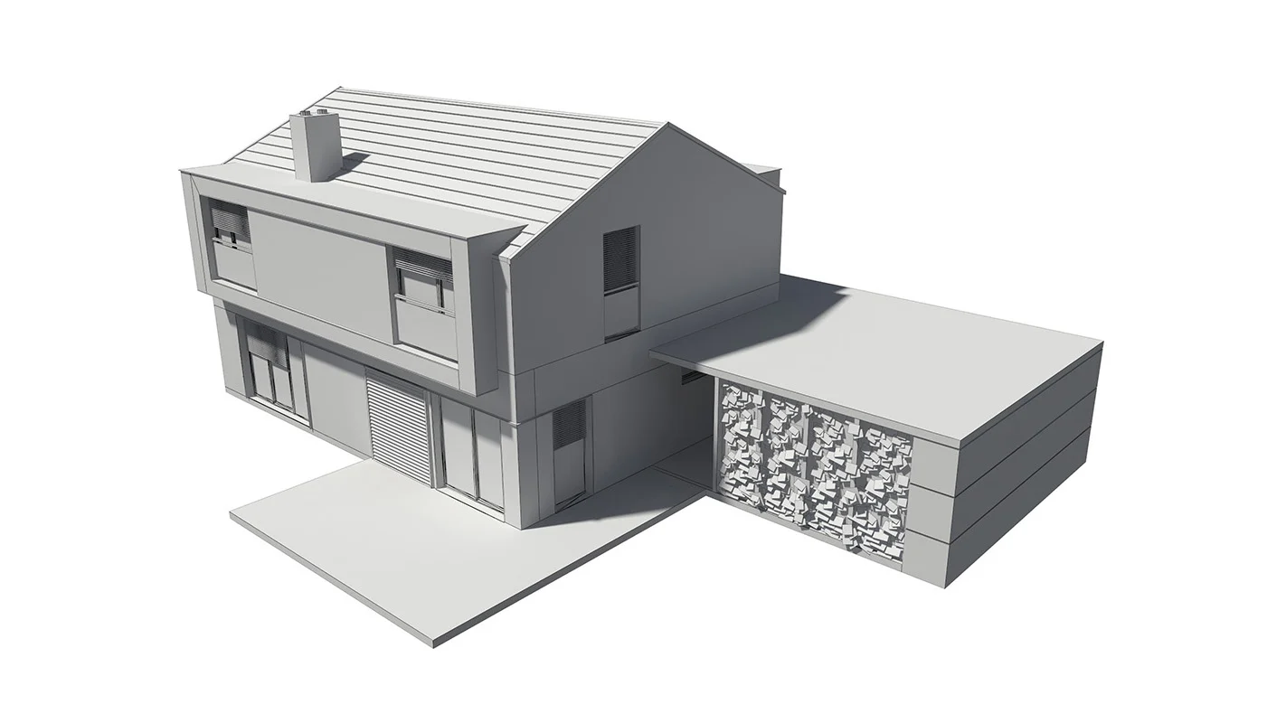 Hmotový model rodinného domu bez textur, druhá fáze tvorby 3D vizualizace