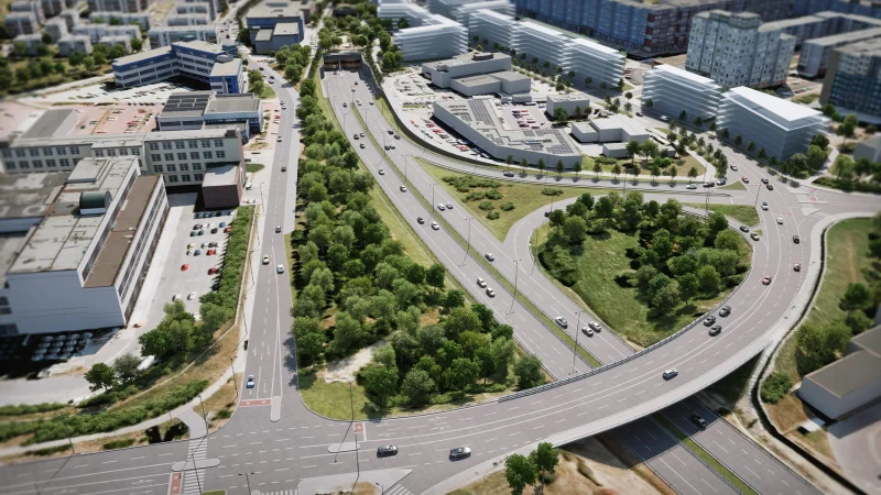 3D vizualizace Radlické radiály, letecý pohled na trasu v zástavbě
