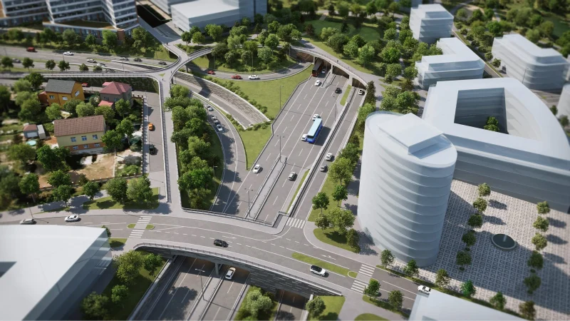 3D vizualizace Radlické radiály, mimoúrovňové křížení komunikací