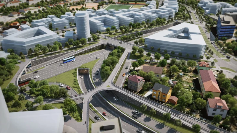 3D vizualizace Radlické radiály, zahloubený úsek mezi zástavbou