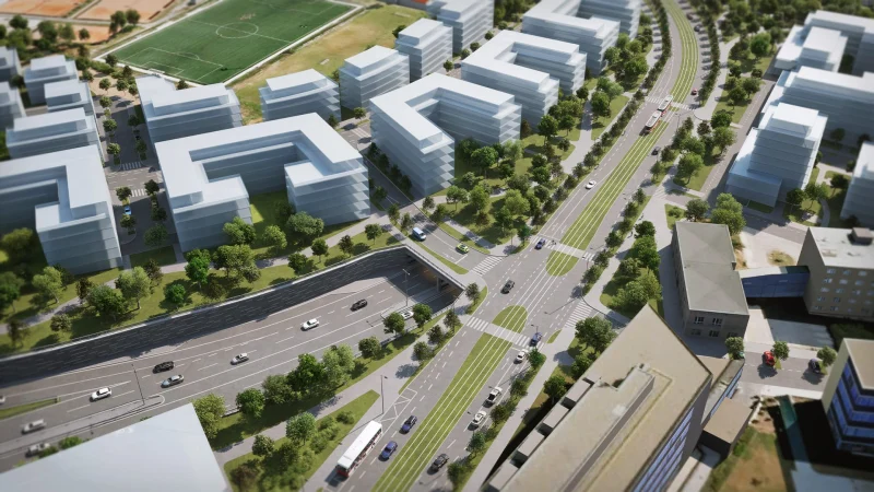 3D vizualizace Radlické radiály, vedení trasy podél sportovního areálu
