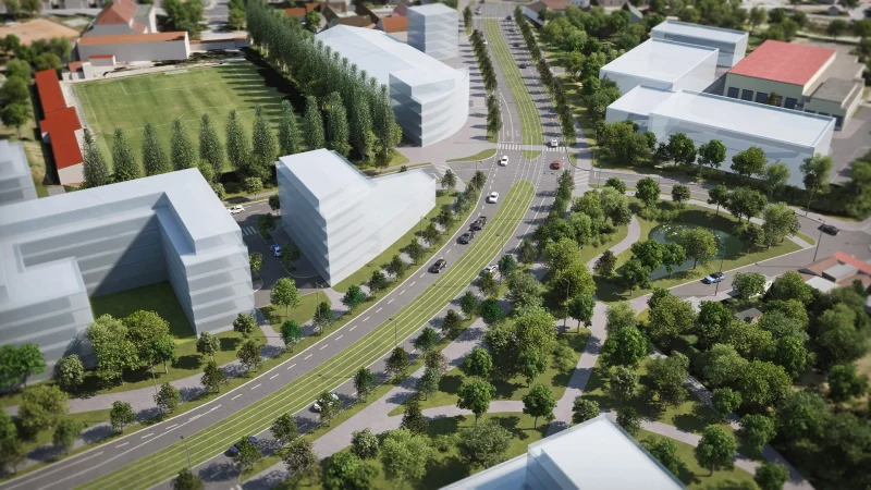 3D vizualizace Radlické radiály, zahloubená trasa mezi objekty