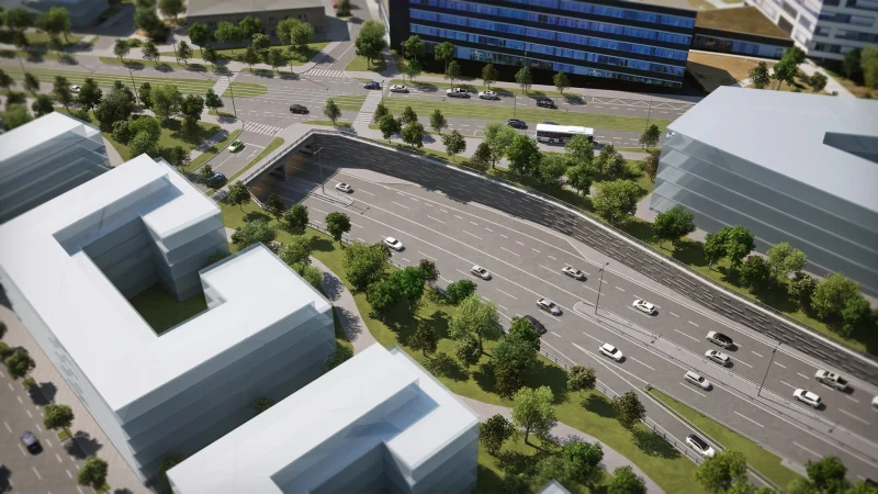 3D vizualizace Radlické radiály, pohled na zahloubenou komunikaci