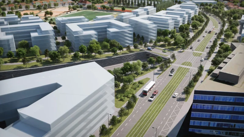 3D vizualizace Radlické radiály, trasa mezi administrativními budovami