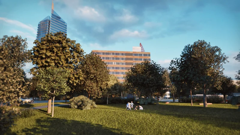 3D vizualizace Radlické radiály u Botaniky, park nad zastřešenou komunikací