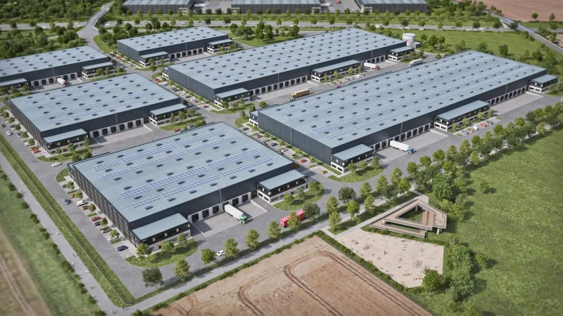 3D vizualizace průmyslového parku SEGRO Hostivice, ptačí pohled