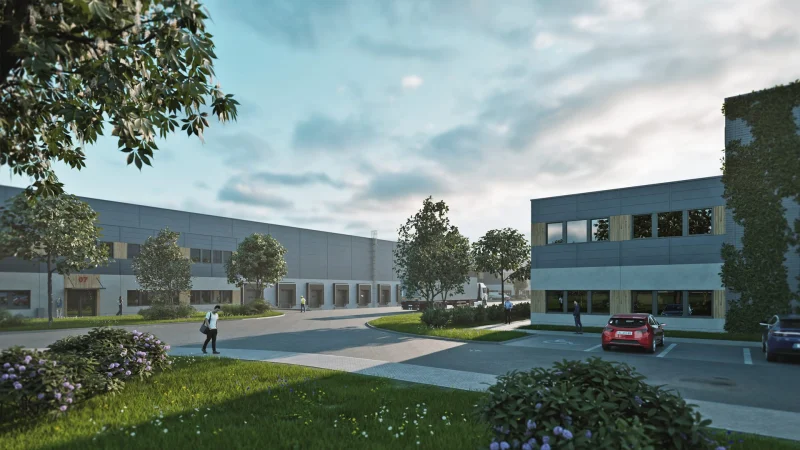3D vizualizace haly SEGRO Hostivice, pohled z areálu