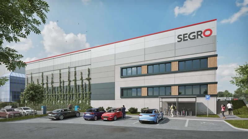 3D vizualizace startup haly SEGRO, pohled z parkoviště