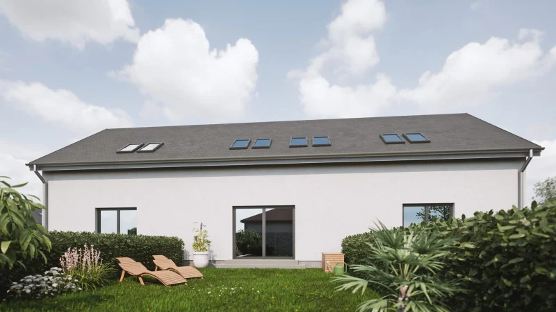 3D vizualizace rodinného domu Tuchoraz, zahradní fasáda s posezeštím