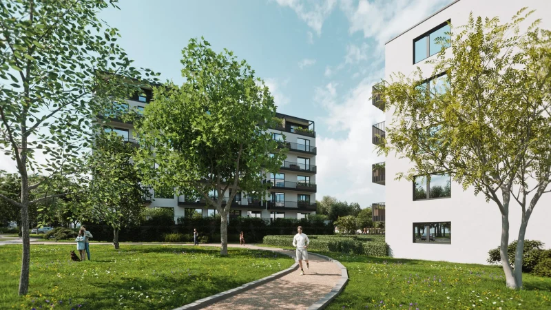 3D vizualizace bytových domů Wienerberger, pohled z parku