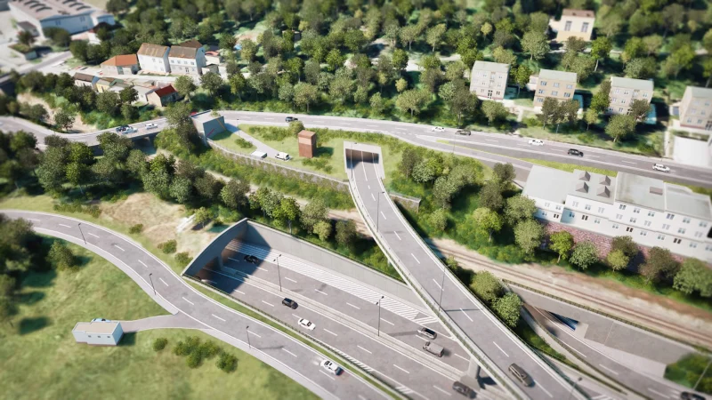 3D vizualizace Radlické radiály na Zlíchově, letecý pohled na tunelový portál