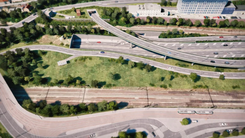 3D vizualizace Radlické radiály na Zlíchově, estakáda nad kolejovým tělesem