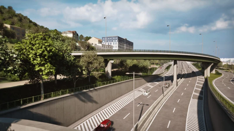 3D vizualizace Radlické radiály na Zlíchově, pohled na most nad komunikací