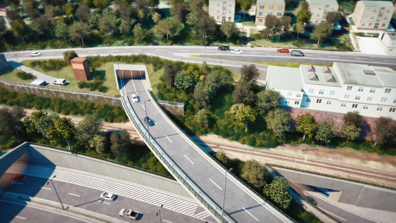 3D vizualizace Radlické radiály na Zlíchově, mimoúrovňové křížení s tramvajovou tratí