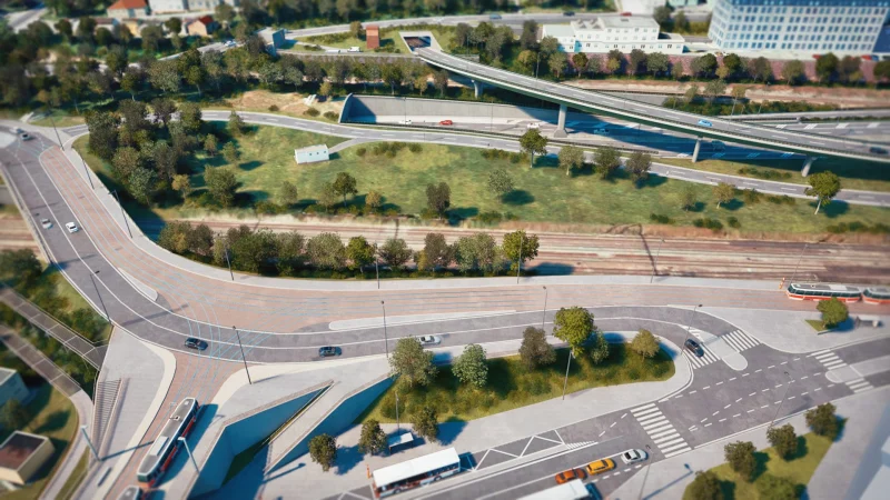 3D vizualizace Radlické radiály na Zlíchově, křižovatka u tunelového portálu